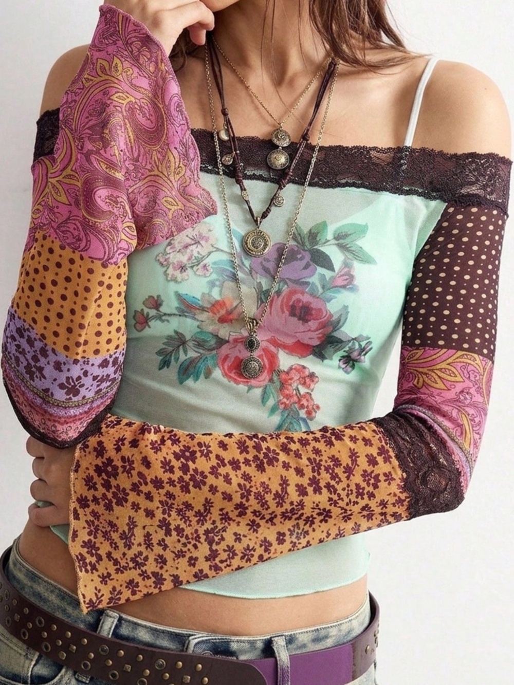 Boho Colorful Floral Polka Dot Lace off Shoulder Semi Sheer Long Sleeve Top - Picture 4 of 5